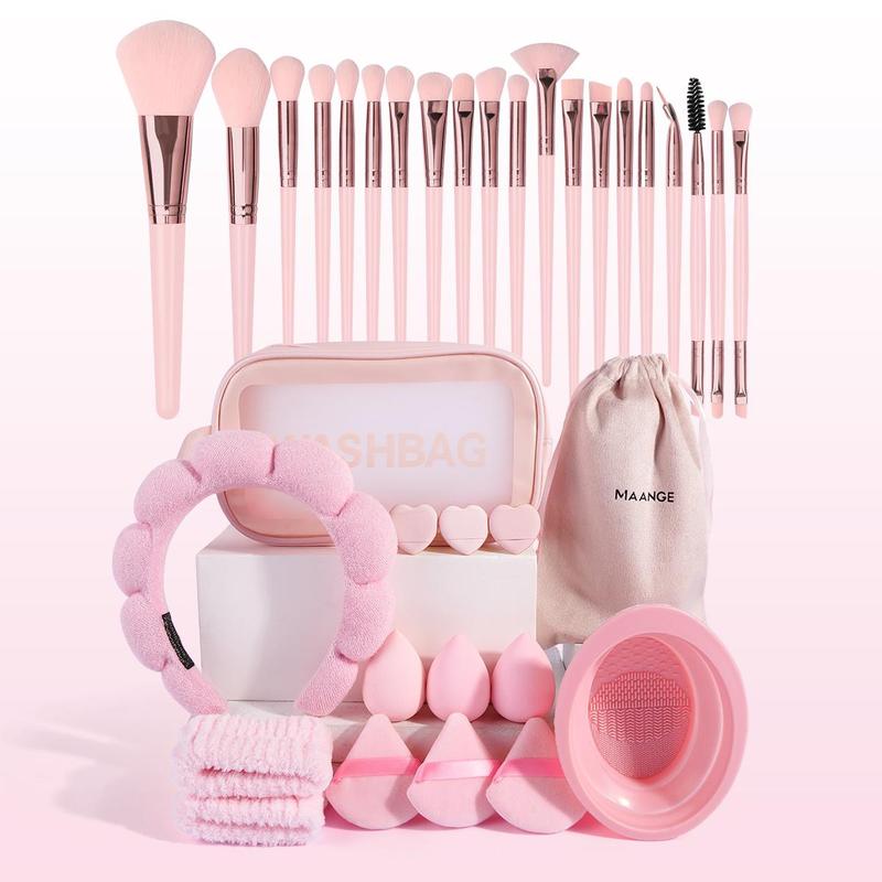 Makeup Tool Set, 35pcs set Makeup Brush & Makeup Bag & Sponge & Powder Puffs & Brush Cleaning Bowl & Wristband & Hairband, Professional Makeup Tools for Women