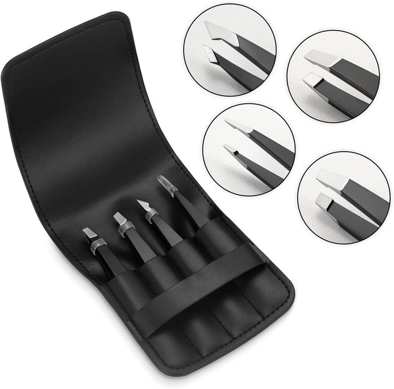 Pefei Tweezers Set - Professional Stainless Steel Tweezers for Eyebrows - Great Precision for Facial Hair, Splinter and Ingrown Hair Removal (Black)