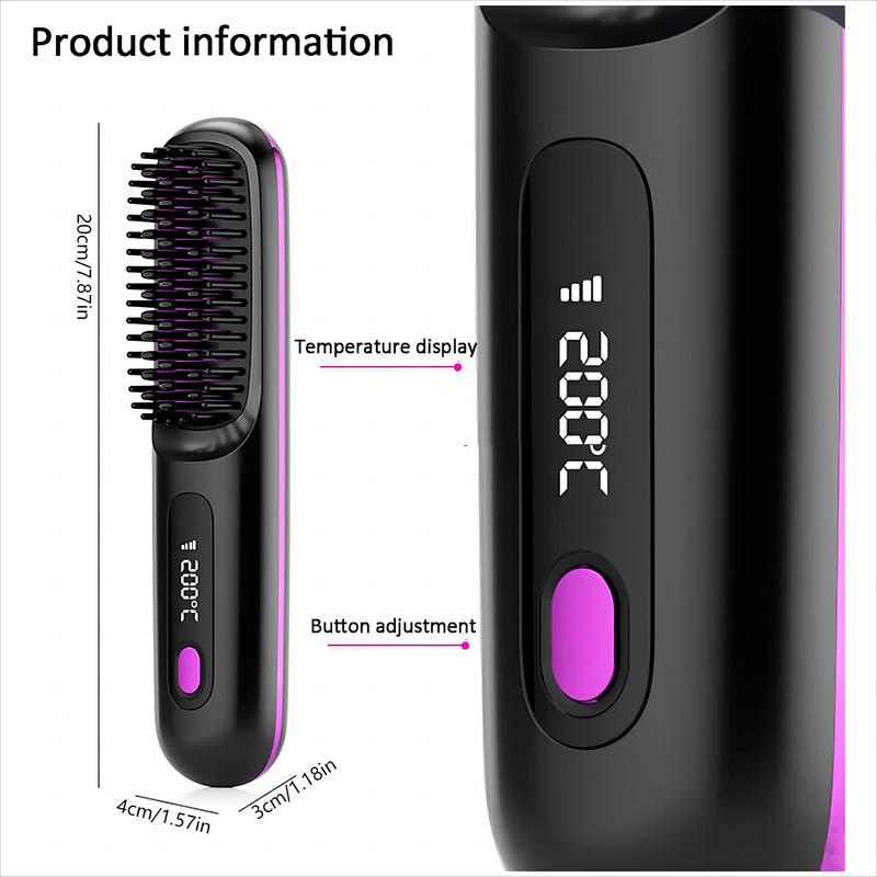 A Cordless Hair Straightener Brush oval brush Portable Negative Ion Hot Comb Long Battery Life with USB Rechargeable Feature Fast Heating Anti-Scald 3 Temp Settings , 20Mins Auto-Off, for Travel