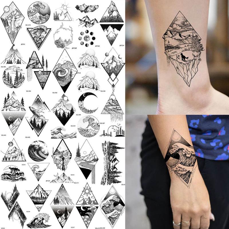 Mountain Series Pattern Temporary Tattoo Sticker, 52pcs set Vintage Fake Tattoo Sticker, Body Art Decoration for Men & Women