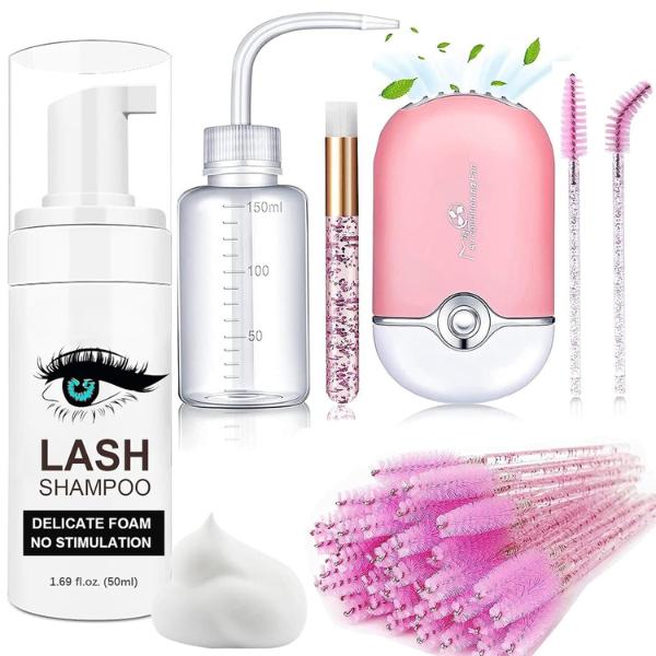 Christmas gift Lash Shampoo for Extensions - 50ml Eyelash Foam Cleanser with 50 Brushes, Rinse Bottle & Mini Fan - Oil & Sulfate Free Makeup Remover