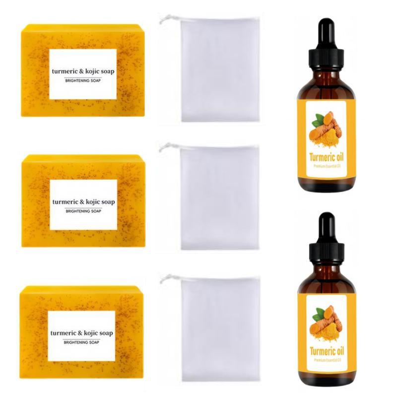 Turmeric Soap & Essential Oil Set, 8 Counts set Moisturizing Skin Care Set, Facial & Body Wash Soap for Easy Acne Skin, Daily Skin Care Set,  Men Hygiene Essentials