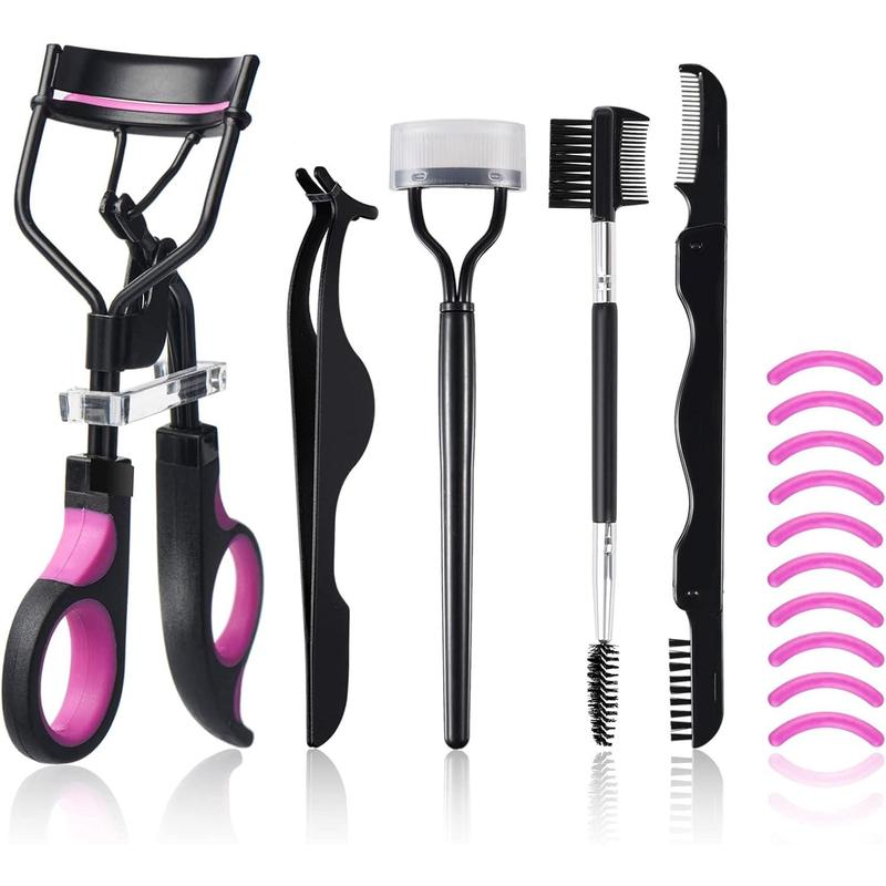 Eyelash Curlers Kit for Women w Lash Curler, Eyelash Comb Seperator, 3 in1 Mascara Brushes, Eyelash Extension Tweezers, Foldable Eyebrow Brush and Comb, 10 Silicone Refills Pads for Eyelashes