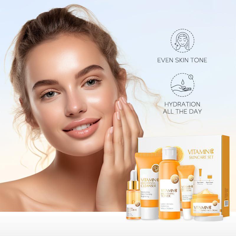 Vitamin C Skincare kit, 5 Counts set Facial Cleanser & Refreshing Toner & Facial Moisturizer & Eye Cream & Hydrating Face Essence & Sun Care Cream