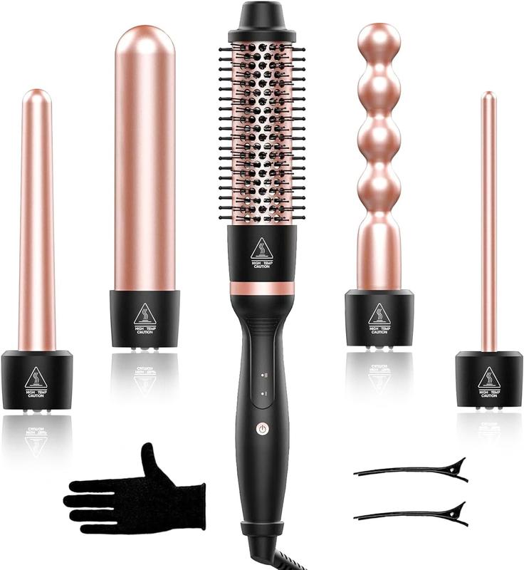 Curling Iron Set,  5 in 1 Curling Wand Set with Thermal Brush&4 Interchangeable Ceramic Curling Wand(0.35-1.25), 2 Temps Instantly Heating  Wand Curler