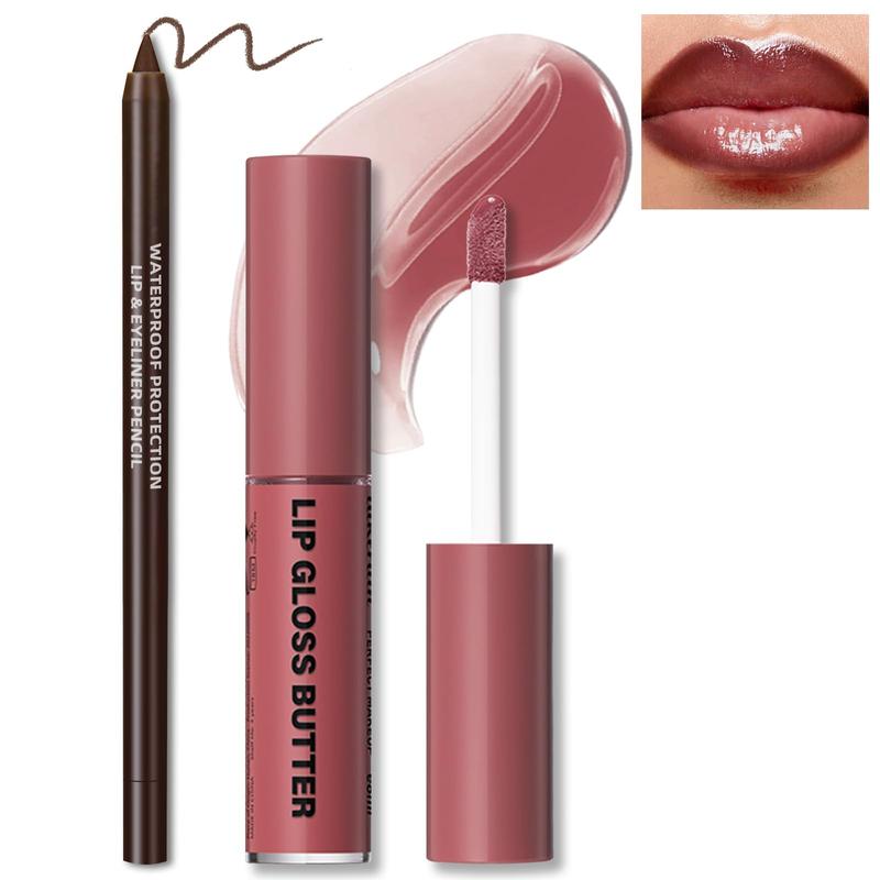 Cosmetic Butter Lip Gloss and Moisturizing High Shine Liquid Lipstick Set with Brown Lip Liner for Non-Sticky Plumping Brown Lip Glow Makeup Dark Brown Glossy Lip Care