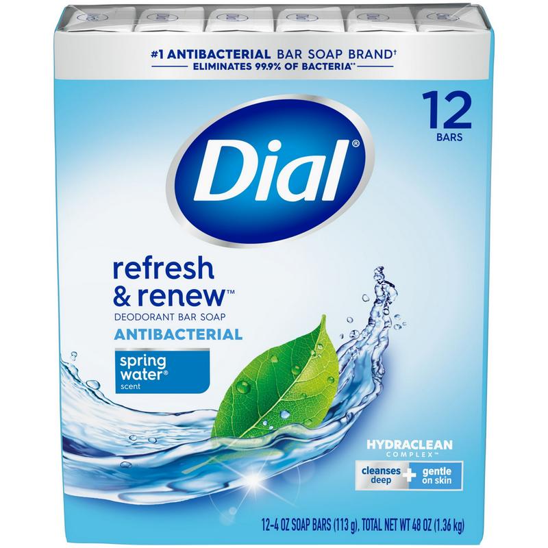 Dial Antibacterial Bar Soap, Refresh & Renew, Spring Water, 4 oz, 12 Bars (PREESHIP)