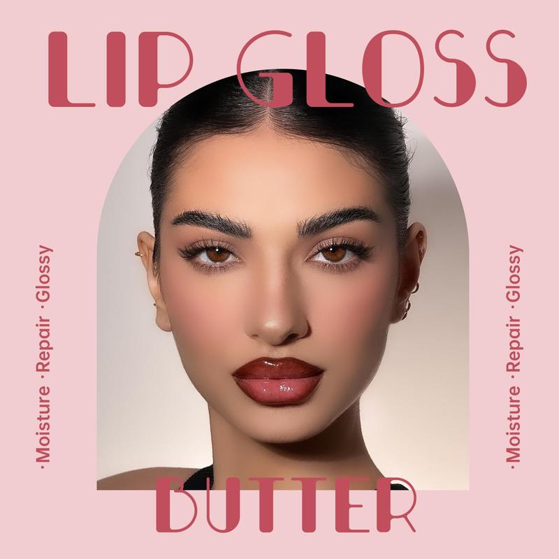 Cosmetic Butter Lip Gloss and Moisturizing High Shine Liquid Lipstick Set with Brown Lip Liner for Non-Sticky Plumping Brown Lip Glow Makeup Dark Brown Glossy Lip Care