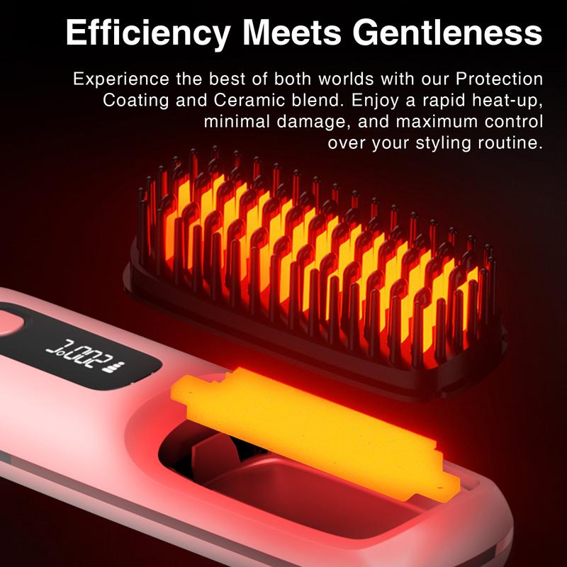 A Cordless Hair Straightener Brush oval brush Portable Negative Ion Hot Comb Long Battery Life with USB Rechargeable Feature Fast Heating Anti-Scald 3 Temp Settings , 20Mins Auto-Off, for Travel