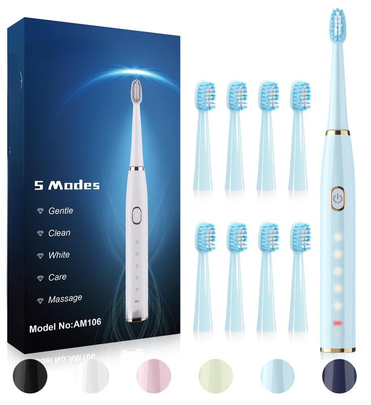 Sonic Electric Toothbrush - High Power Rechargeable Toothbrush with 8 Brush Heads, 5 Adjustable Modes, Built-in 2 Minute Smart Timer (Blue)