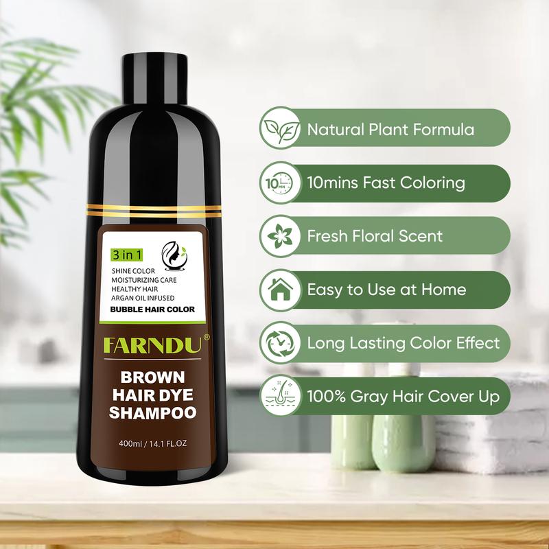 FARNDU-Hair Dye Shampoo, Gray Hair Coverage, 3 in 1 (+Shampoo+Conditioner), 5 Colors Available, 10 Mins Hair Color, Glossy and bright, For Men & Women with All Hair Types, Long Lasting, Plant extracts, Fruity aroma Ammonia-Free Mild (400 mL)-Coffee