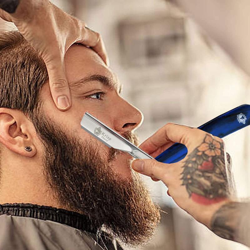 Krisp Beauty Professional Classic Straight Edge Barber Razor Shave 2mm Exposed Blade Disposable For Close Shaving - Salon Quality Manual Men's Beard Cut Throat Shaver Shavette With 10 Shaving Blades Durable Handle Kit Stainless Comfort