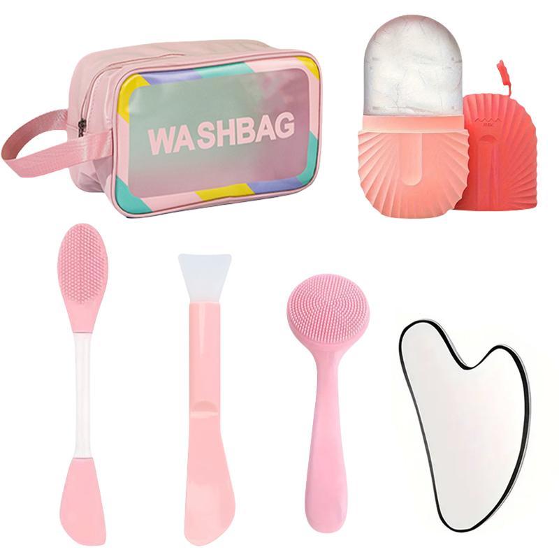 Facial Massage Care Set (6 Counts set), Stainless Steel Heart Shaped Scraping Board & Silicone Ice Roller & Brush & Wash Bag, Skin Care Tool for Women, Christmas Gift