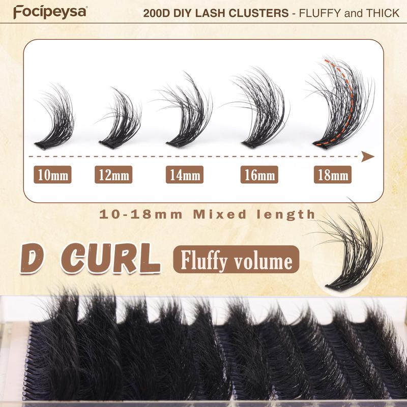 Focipeysa Lash Extension Kit Thick Eyelash Extension Kit 10-18mm Fluffy Lash Clusters 200D Individual Eyelashes Kit with Lash Bond and Seal Lash Applicator, DIY Lash Extensions at Home Easy to Apply for Beginners