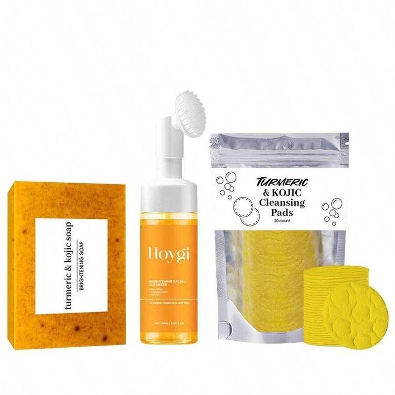 Turmeric Cleansing Pad & Facial Cleanser & Facial Soap, 3 Counts set Exfoliating Cleansing Facial Skincare Kit, Facial Skin Care Product for Women & Men, Christmas Gift