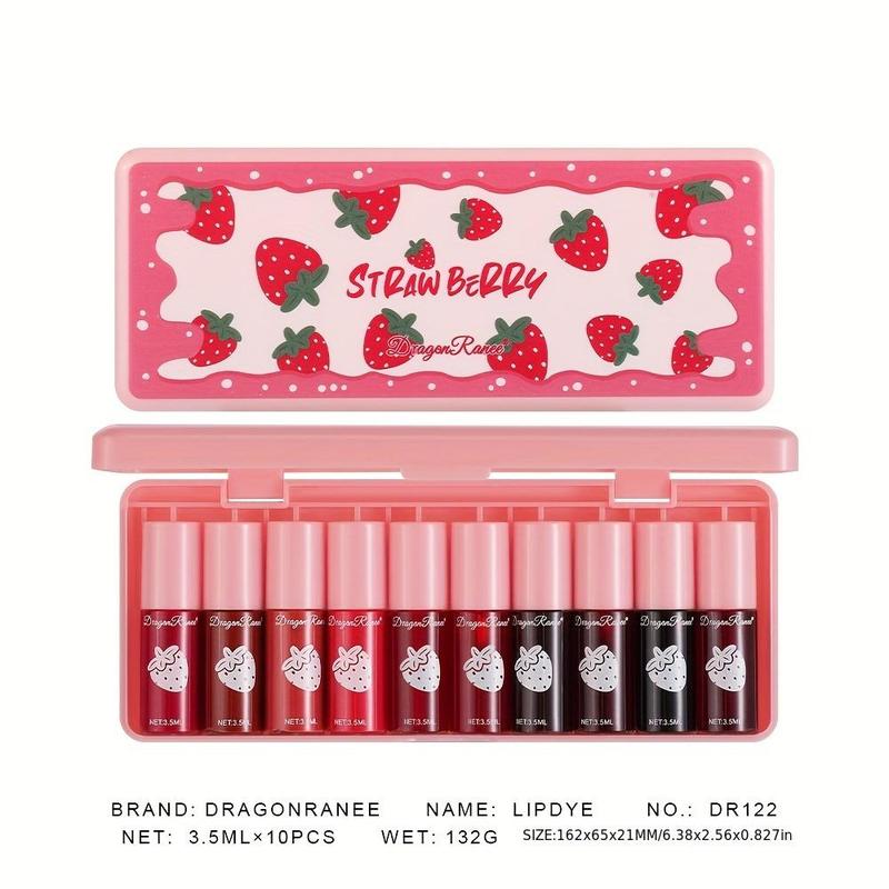 Long-lasting Lip Gloss Set, Summer Gifts, 10pcs set Strawberry Design Matte Lip Stick, Moisturizing Lip Gloss for All Occasions Lip Makeup, Fall Gift,  Strawberry Makeup