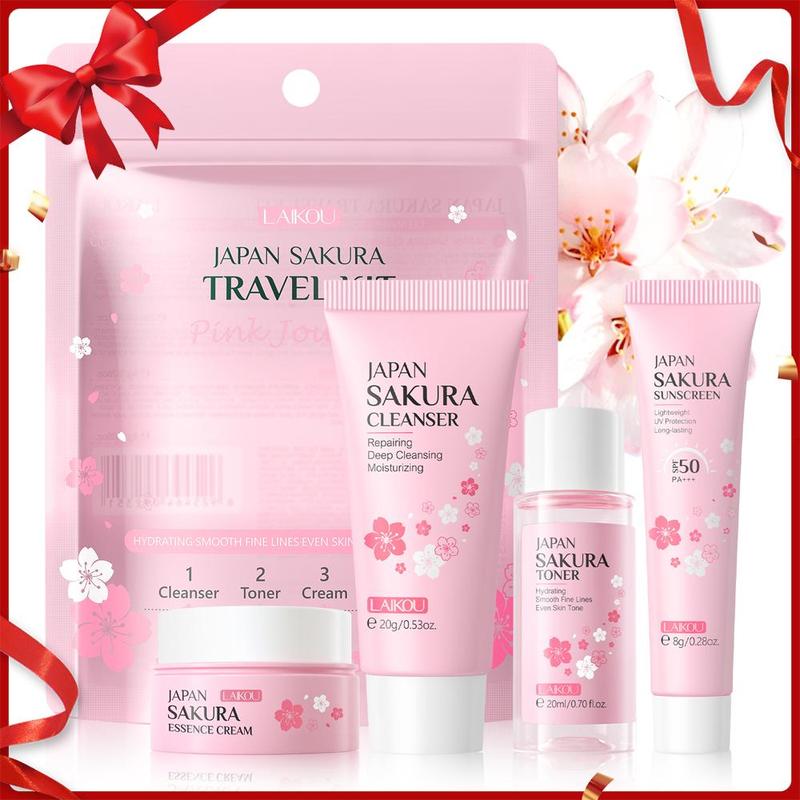 Sakura Travel Skincare Kit, 1 Count Deep Cleaning Facial Cleanser & 1 Count Moisturizing Facial Cream & 1 Count Softening Toner & 1 Count Hydrating Sunscreen, Professional Facial Skin Care Kit