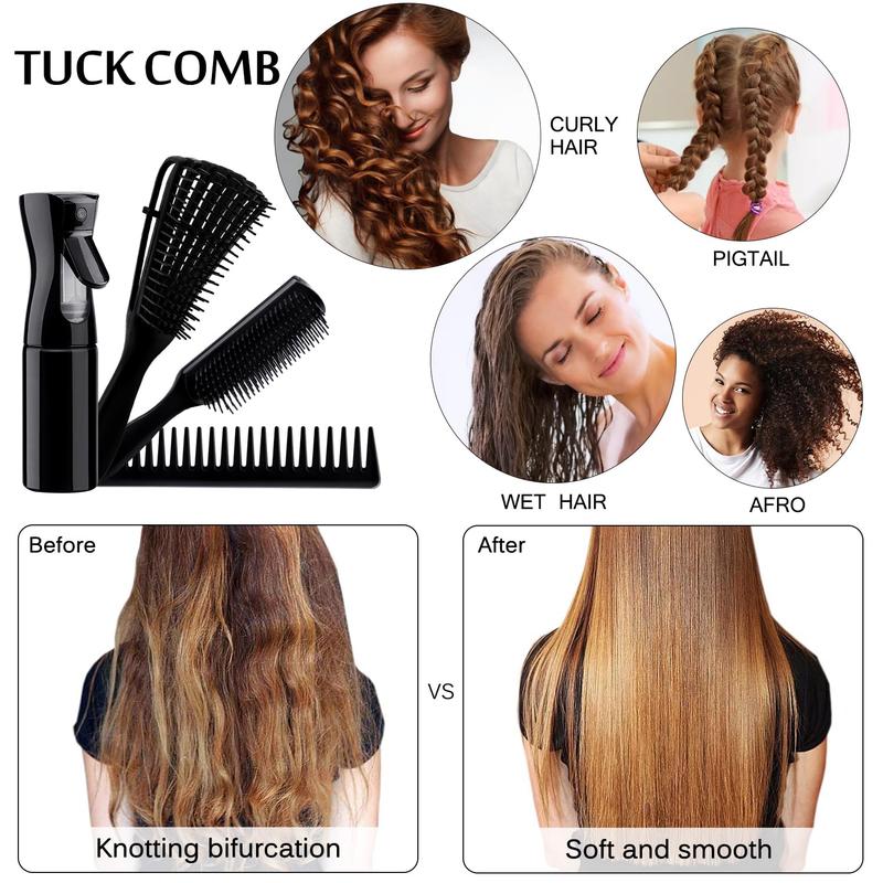 4pcs Curly Hair Brush Set for Adult & Kids Wet or Dry Hair,Professional Heatless Magic Detangling Brush for 3 4ABC Hair with Haircare Hair Detangler Brush Spray Bottle Wide Tooth comb (3+1, Black)