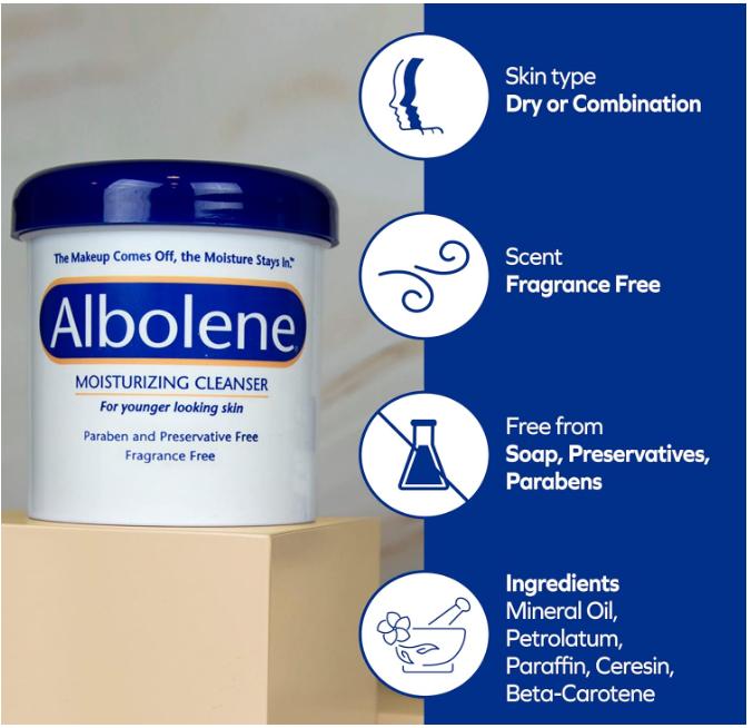 Albolene Face Moisturizer and Makeup Remover, Facial Cleanser and Cleansing Balm, Beta Carotene Fragrance Free Cream, 12 oz