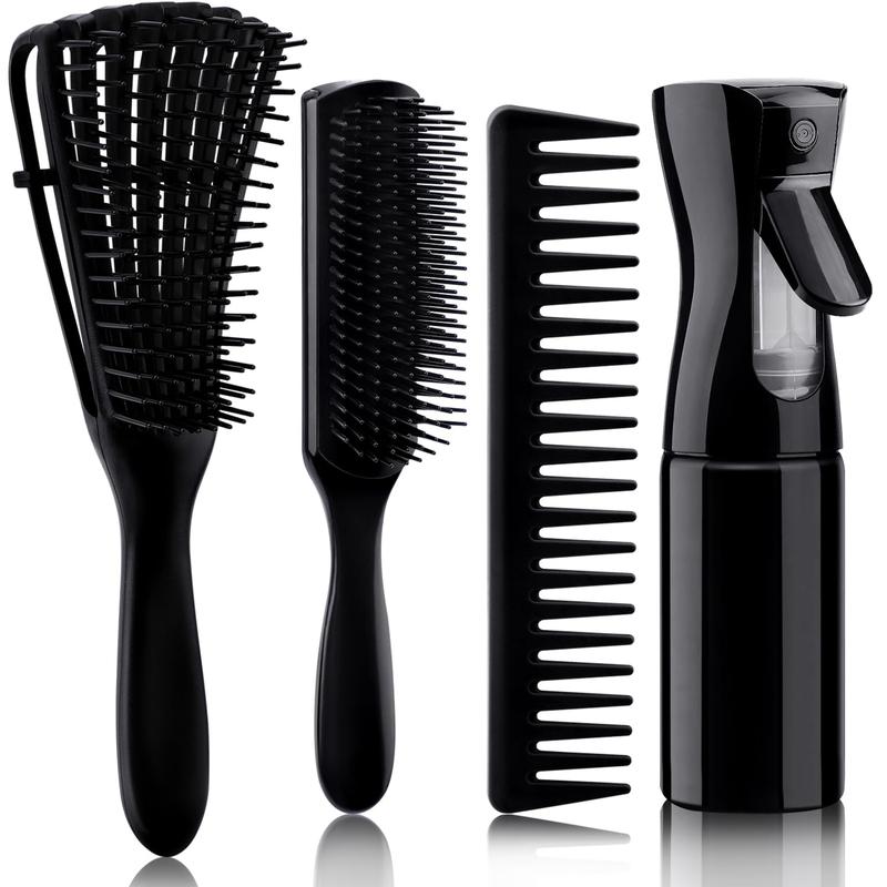 4pcs Curly Hair Brush Set for Adult & Kids Wet or Dry Hair,Professional Heatless Magic Detangling Brush for 3 4ABC Hair with Haircare Hair Detangler Brush Spray Bottle Wide Tooth comb (3+1, Black)