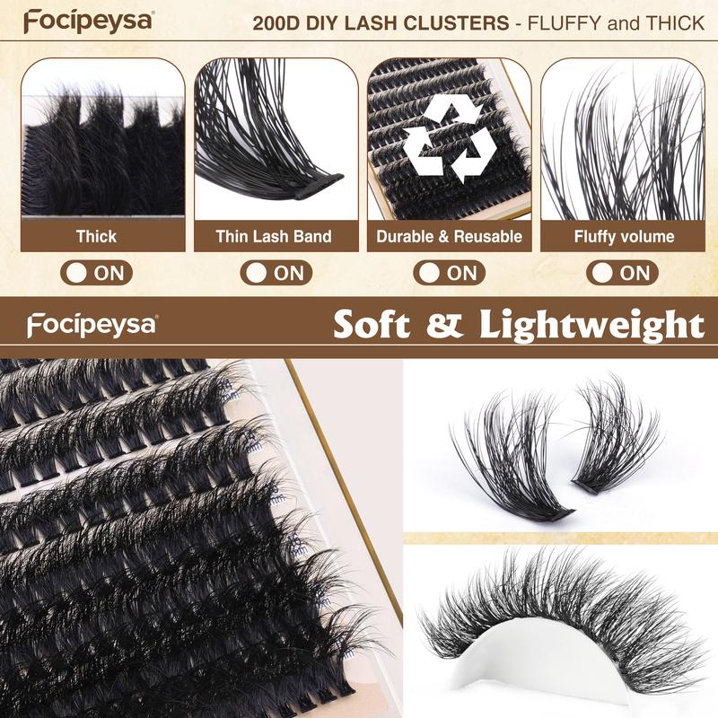 Focipeysa Lash Extension Kit Thick Eyelash Extension Kit 10-18mm Fluffy Lash Clusters 200D Individual Eyelashes Kit with Lash Bond and Seal Lash Applicator, DIY Lash Extensions at Home Easy to Apply for Beginners