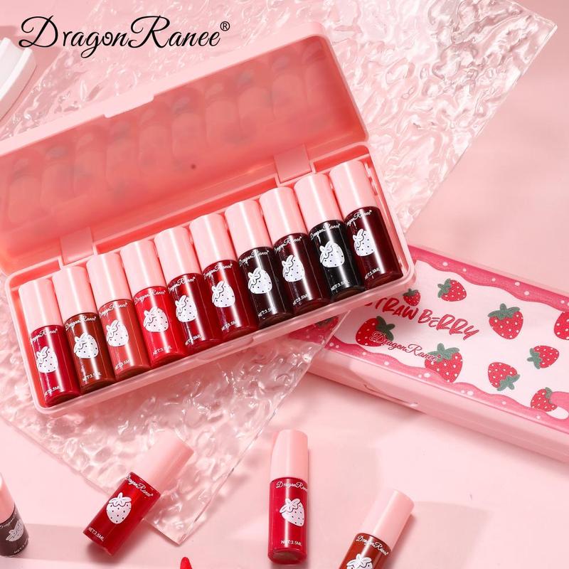 Long-lasting Lip Gloss Set, Summer Gifts, 10pcs set Strawberry Design Matte Lip Stick, Moisturizing Lip Gloss for All Occasions Lip Makeup, Fall Gift,  Strawberry Makeup