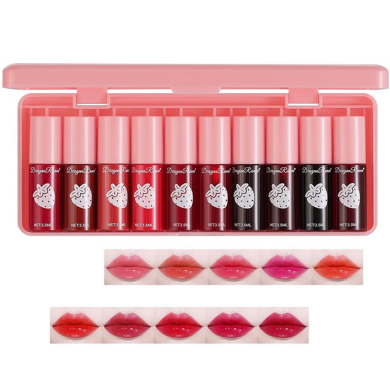 Long-lasting Lip Gloss Set, Summer Gifts, 10pcs set Strawberry Design Matte Lip Stick, Moisturizing Lip Gloss for All Occasions Lip Makeup, Fall Gift,  Strawberry Makeup