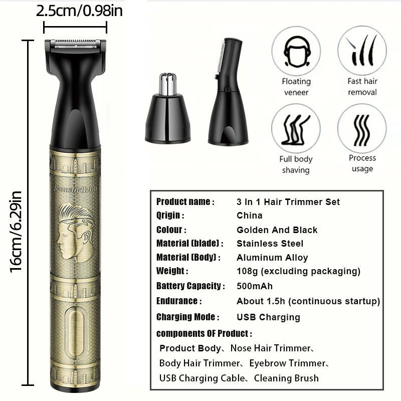 3 in 1 Electric Nose Hair Trimmer Set, 1 Count USB Rechargeable Body Hair Trimmer, Multifunctional Portable Hair Shaver for Men