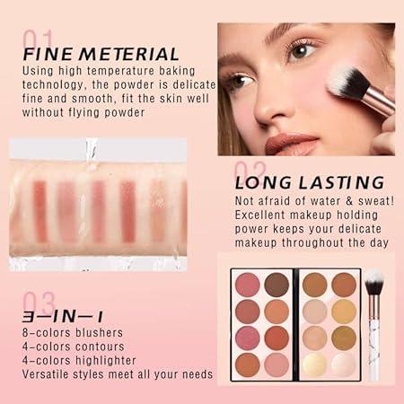 16 Colors Blush Contour Highlighter Makeup Palette with Brush, Matte Mineral Face Blush Powder for Cheek, Bright Shimmer Illuminator Bronzer Professional Facial Beauty Makeup Blushes Set