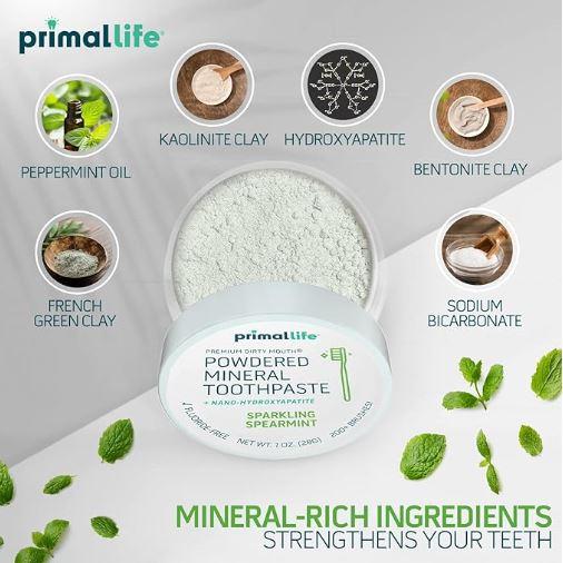 Primal Life Organics Premium Powdered Mineral Toothpaste - Tooth Powder - 1oz (28g) - 200+ Brushes Oral Clay