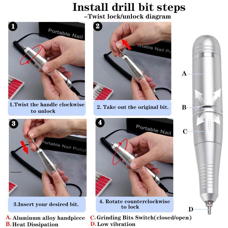 Portable Electric Nail Drill, 1 Box Rechargeable Nail Polisher with Replacement Heads & Base, Professional Nail Art Tool for Home & Salon Use