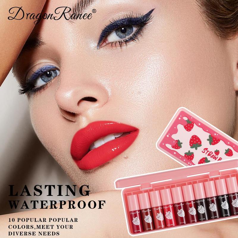 Long-lasting Lip Gloss Set, Summer Gifts, 10pcs set Strawberry Design Matte Lip Stick, Moisturizing Lip Gloss for All Occasions Lip Makeup, Fall Gift,  Strawberry Makeup