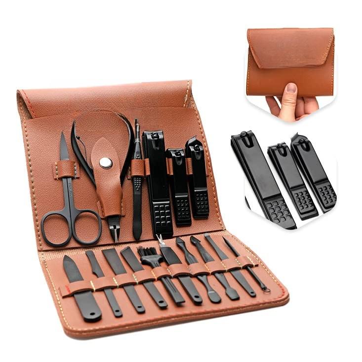 Kit -  Clipper Set - Manicure Set -16 Stainless Steel Pieces Manicure Kit For Mens - Pedicure Kit For Men - Mens Grooming Kit With Brown Leather portable Case by