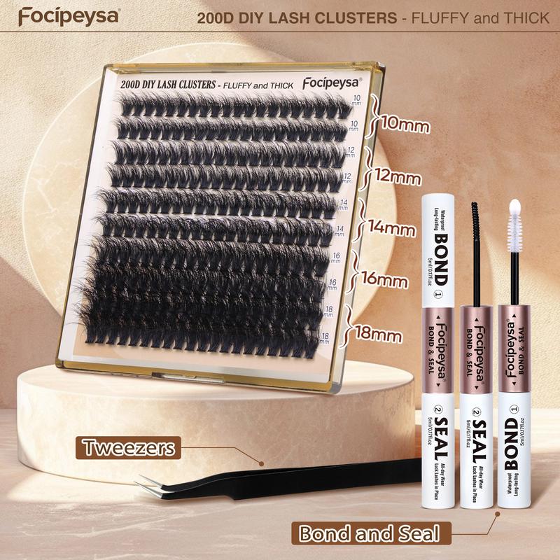 Focipeysa Lash Extension Kit Thick Eyelash Extension Kit 10-18mm Fluffy Lash Clusters 200D Individual Eyelashes Kit with Lash Bond and Seal Lash Applicator, DIY Lash Extensions at Home Easy to Apply for Beginners