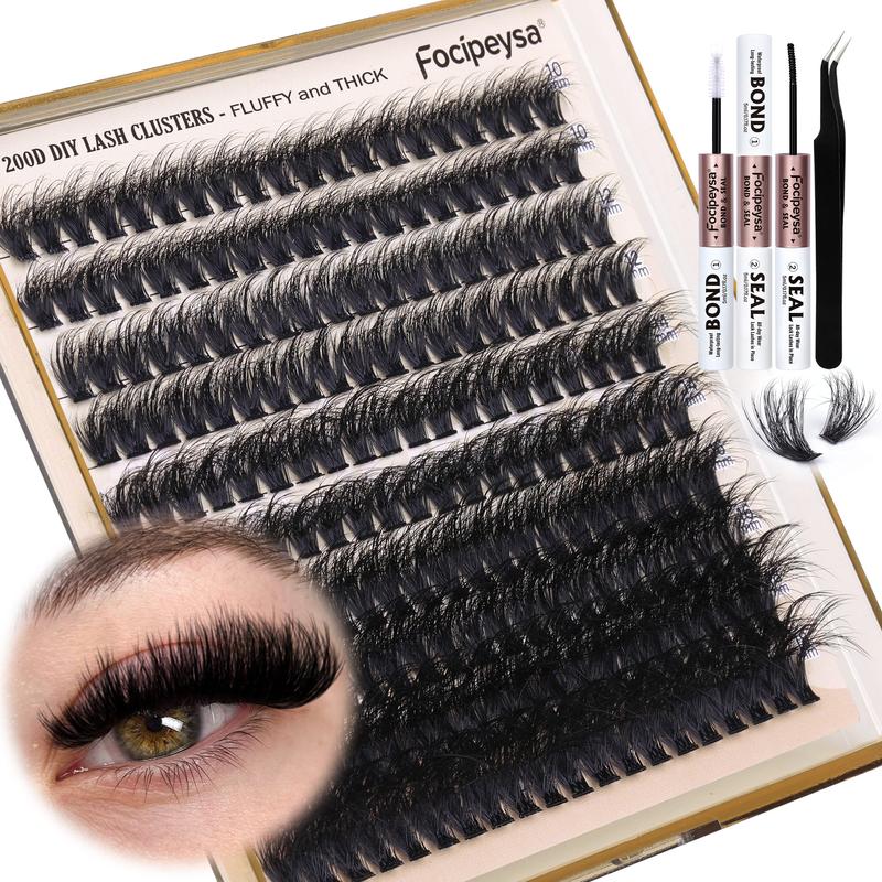 Focipeysa Lash Extension Kit Thick Eyelash Extension Kit 10-18mm Fluffy Lash Clusters 200D Individual Eyelashes Kit with Lash Bond and Seal Lash Applicator, DIY Lash Extensions at Home Easy to Apply for Beginners