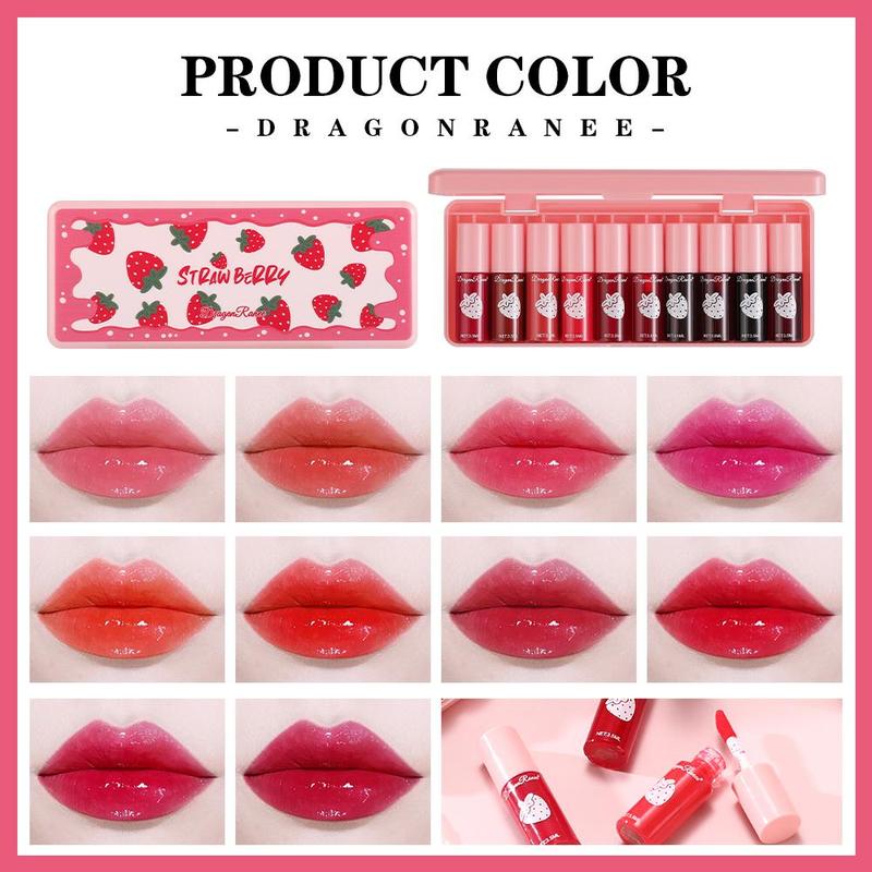 Long-lasting Lip Gloss Set, Summer Gifts, 10pcs set Strawberry Design Matte Lip Stick, Moisturizing Lip Gloss for All Occasions Lip Makeup, Fall Gift,  Strawberry Makeup