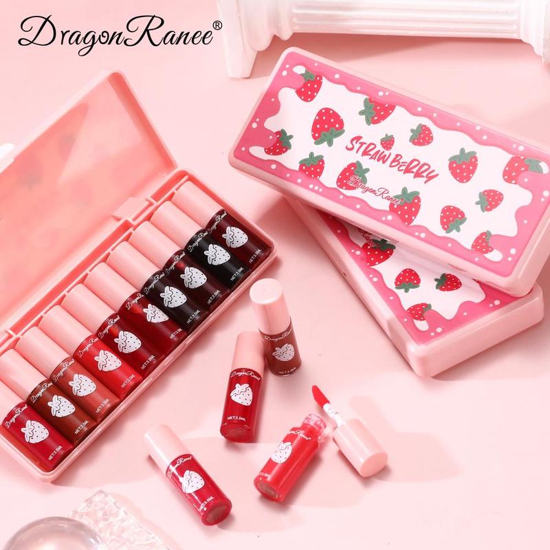 Long-lasting Lip Gloss Set, Summer Gifts, 10pcs set Strawberry Design Matte Lip Stick, Moisturizing Lip Gloss for All Occasions Lip Makeup, Fall Gift,  Strawberry Makeup