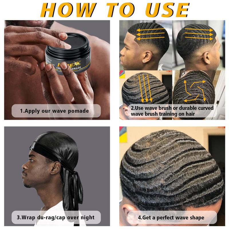 Hair Care Kit for Men's 360 Wave - Pomades for Strong Hold, Easy Wash, Moisture Control, Silky Shine & Training, Curved Brush, Durag Cap Set, Du-rag Synthetic Comfort