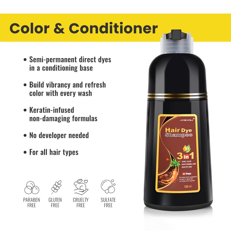 MEIDU Dark Brown Hair Dye Shampoo,3 in 1 Herbal Ingredients Hair Color Shampoo,Natural Haircoloring,Can cover gray hairs,Contains Ginseng Extract