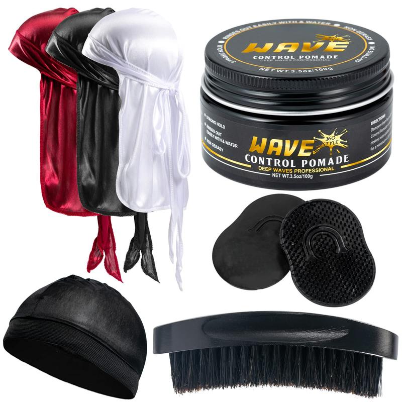 Hair Care Kit for Men's 360 Wave - Pomades for Strong Hold, Easy Wash, Moisture Control, Silky Shine & Training, Curved Brush, Durag Cap Set, Du-rag Synthetic Comfort