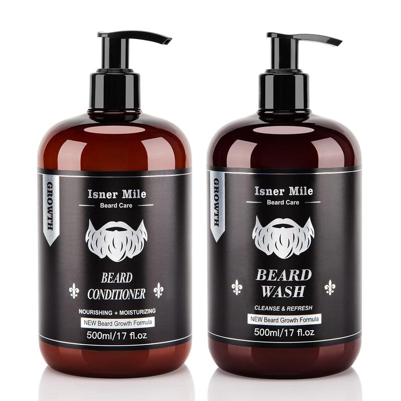 Gifts for Men, ISNER MILE Beard Wash and Conditioner Set 17 oz New Beard Formula with Biotin Argan & Jojoba Oils Smooth Soften Strengthen Beard Shampoo with Beard Oil Conditioner, Gift for Christmas Valentine's Day Father's Day