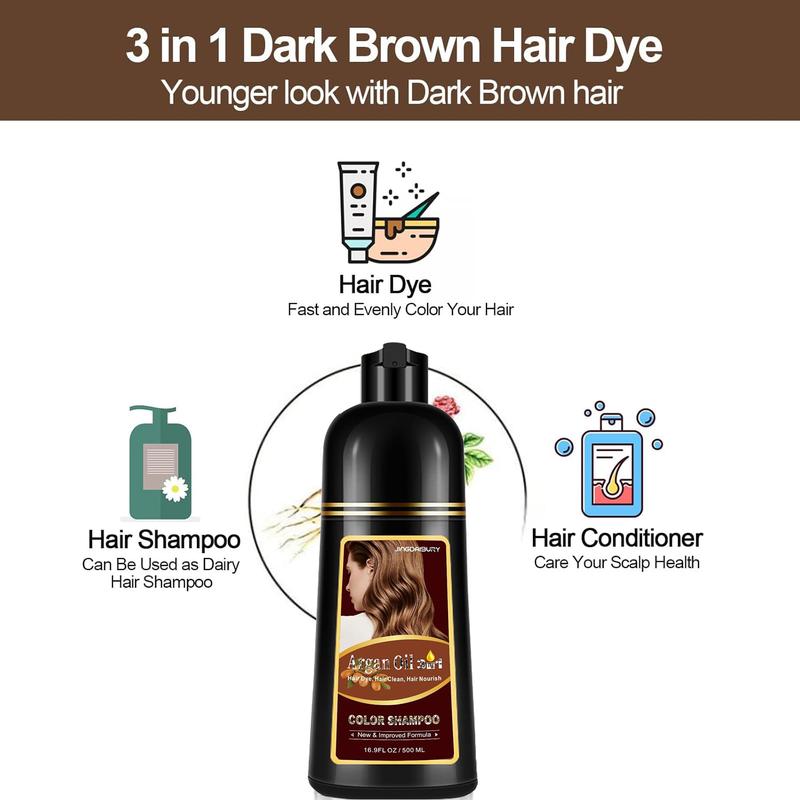 Dark Brown Herbal Color Hair Dye Shampoo for Men and Women, 3 in 1 for Gray Hair Coverage, Instant Coloring Shampoo Argan Oil  500ML hair care