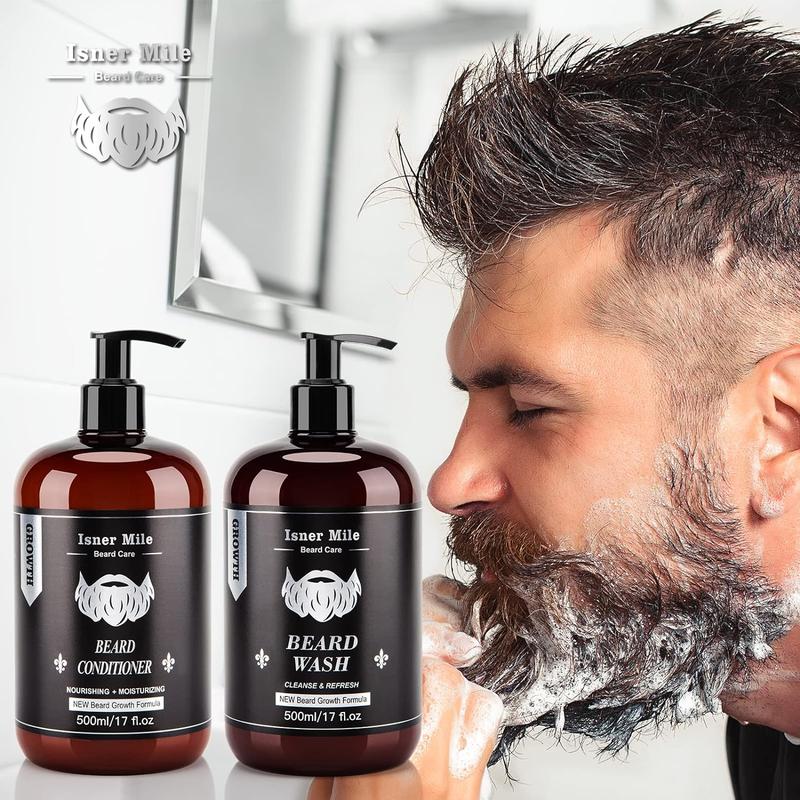 Gifts for Men, ISNER MILE Beard Wash and Conditioner Set 17 oz New Beard Formula with Biotin Argan & Jojoba Oils Smooth Soften Strengthen Beard Shampoo with Beard Oil Conditioner, Gift for Christmas Valentine's Day Father's Day