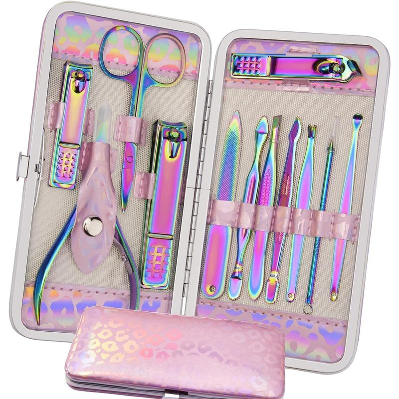 Manicure Set Nail Clippers Pedicure Kit - 12pcs Stainless Steel Nail Kit, Colorful Professional Nail Care Kit Nail Files & Scissors Tools for Hands Foot Facial - Pink