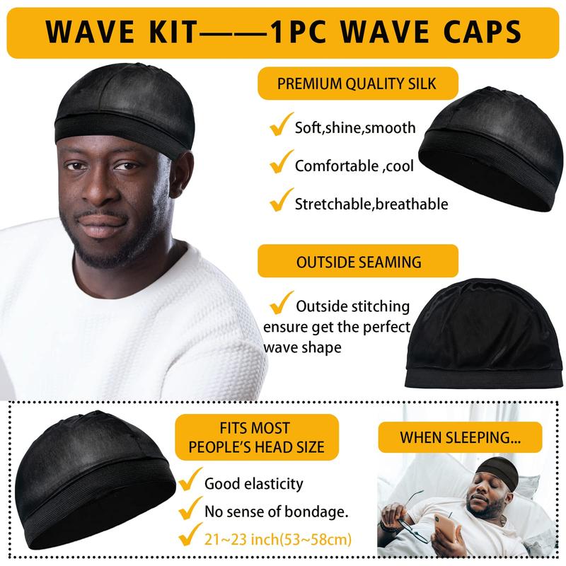 Hair Care Kit for Men's 360 Wave - Pomades for Strong Hold, Easy Wash, Moisture Control, Silky Shine & Training, Curved Brush, Durag Cap Set, Du-rag Synthetic Comfort