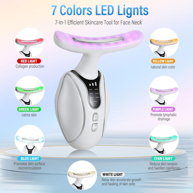 7-color LED Light Neck Heating Beauty Instrument, Rechargeable Facial Care Massager for Face and Neck, USB Rechargeable, Multifunctional Home Skin Care Tool for Women, Portable and Easy To Use , A Gift for Women