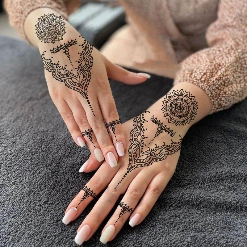 Henna Temporary Tattoo Sticker, 4 Counts Tribal Mehndi Lace Moon Mandala Flower Full Hand Fake Tattoo Sticker, Party Supplies for Women & Girls