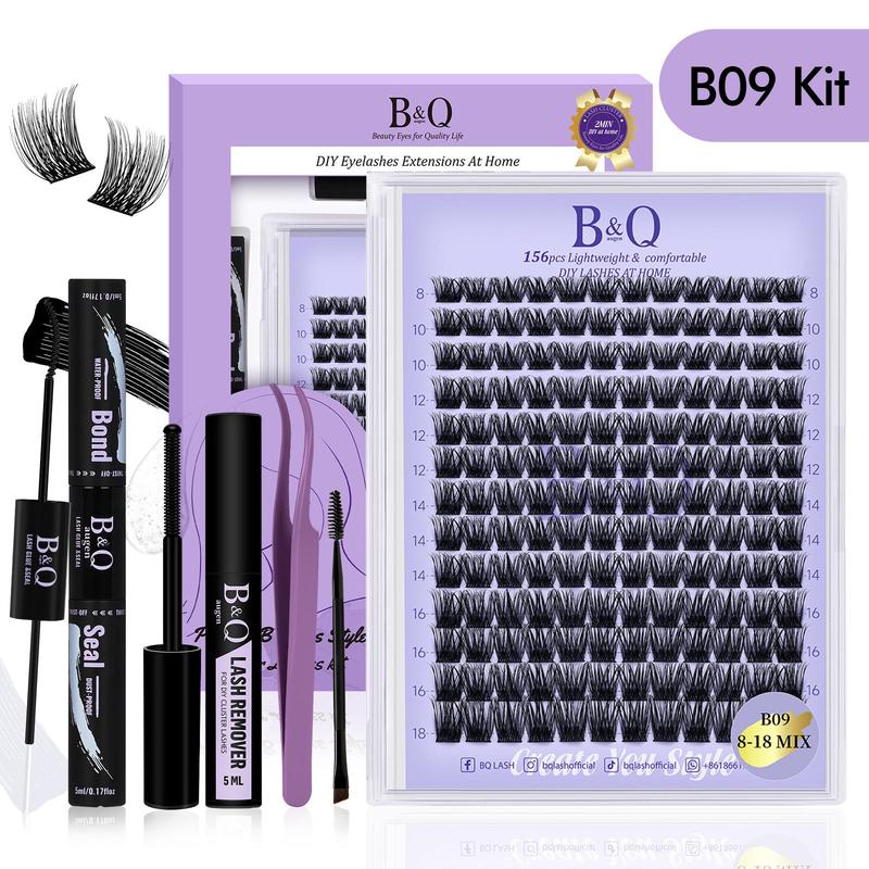 DIY  Individual Lashes Extension Kit, B&Qaugen 156pcs Clusters Lashes Kit, Waterproof B09 Eyelash Extension Kit 8-18mm with Lash Bond and Seal, Lash Glue Remover, Lash Tweezer for Diy Eyelash Extension At Home Makeup Cosmetic, Christmas Gift