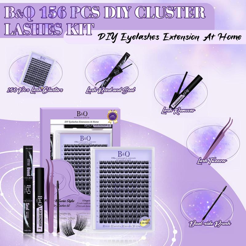 DIY  Individual Lashes Extension Kit, B&Qaugen 156pcs Clusters Lashes Kit, Waterproof B09 Eyelash Extension Kit 8-18mm with Lash Bond and Seal, Lash Glue Remover, Lash Tweezer for Diy Eyelash Extension At Home Makeup Cosmetic, Christmas Gift