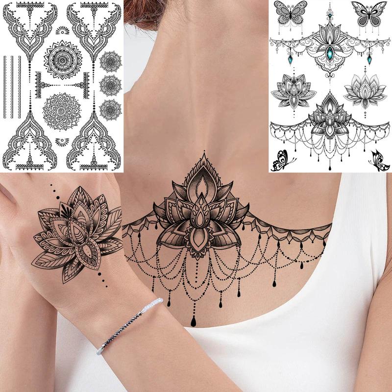 Henna Temporary Tattoo Sticker, 4 Counts Tribal Mehndi Lace Moon Mandala Flower Full Hand Fake Tattoo Sticker, Party Supplies for Women & Girls